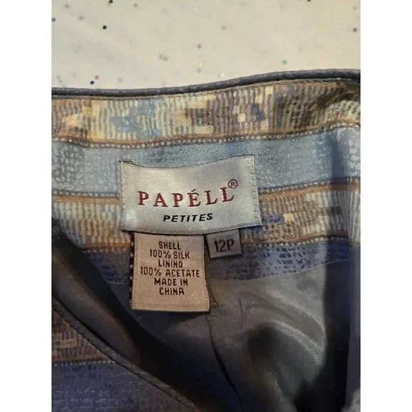 Adrianna Papell Women's 100% Silk Blue and Tan Short Sleeve Button Up Size 12P - Picture 2 of 6